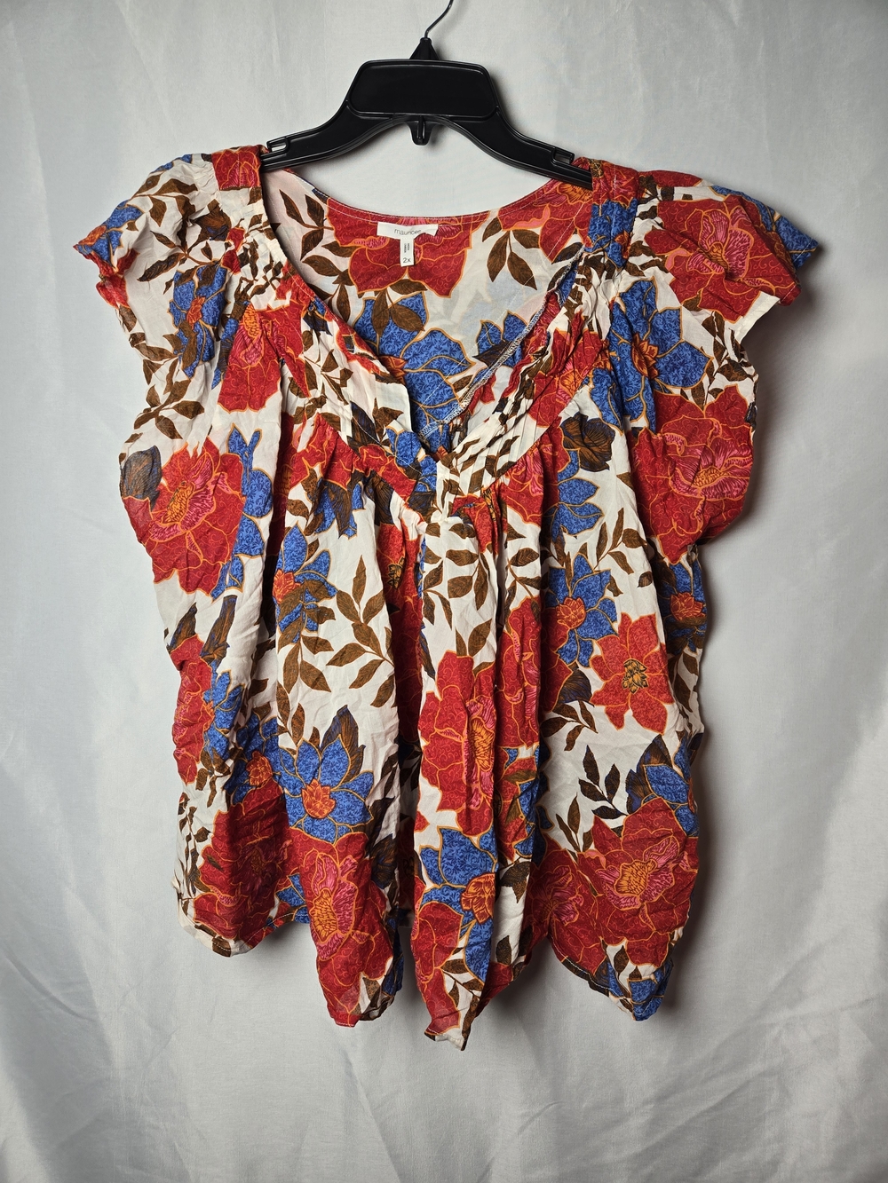 Floral Flutter-Sleeve Women's Top in Red & Blue